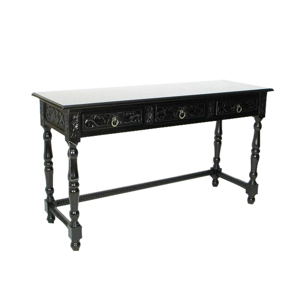 Wooden Console Table with Carved Details and Turned Legs, Black