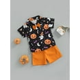 thumbnail image 3 of Qiylii Kids Boys Halloween Shorts Outfits Set, Short Sleeve Ghost/Pumpkin Print Shirt + Elastic Waist Shorts + Bowtie,9M-5Years, 3 of 9