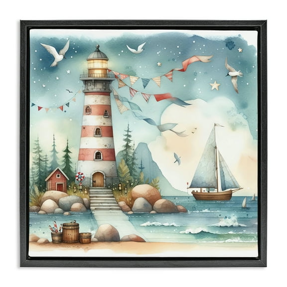 Stupell Industries Whimsical Lighthouse & Birds Nautical & Beach Painting Black Floater Framed Canvas Art Print Wall Art, 18 x 18