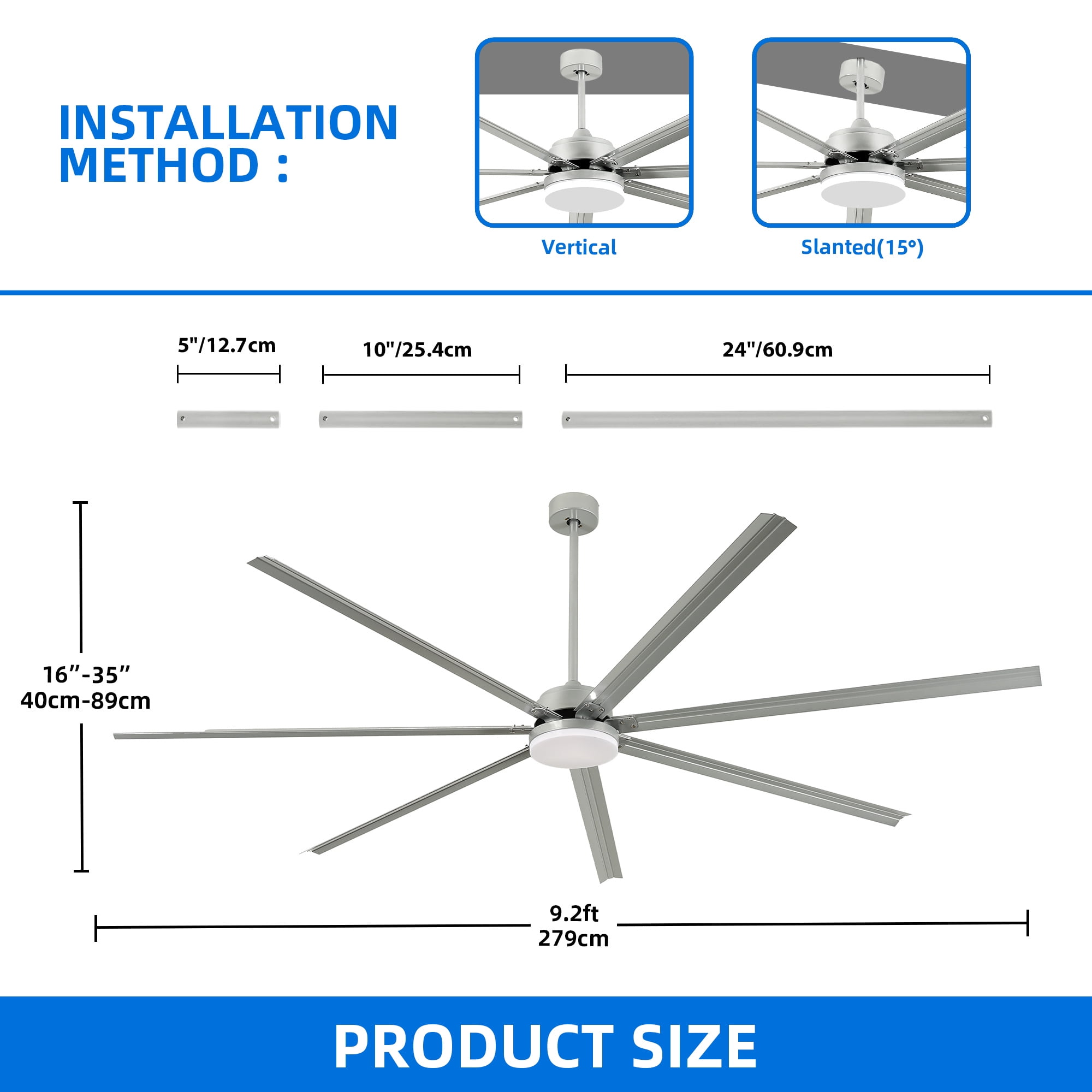 Dextrus 96 Inch Ceiling Fan with Lights and Remote Control, Large Ceiling Fan with 6-Speed,7 Aluminum Blades - Nickel