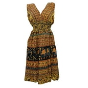 Mogul Women's Sexy Dress Yellow Printed Vintage Peasant Style Dresses