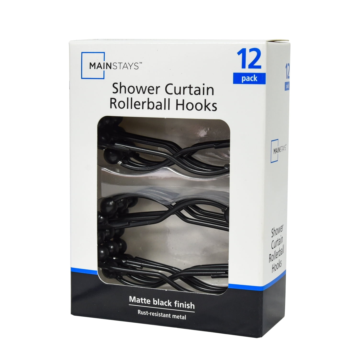 Mainstays, Shower Curtain Rollerball Hooks, Black, 12Piece/Set, 100% Iron