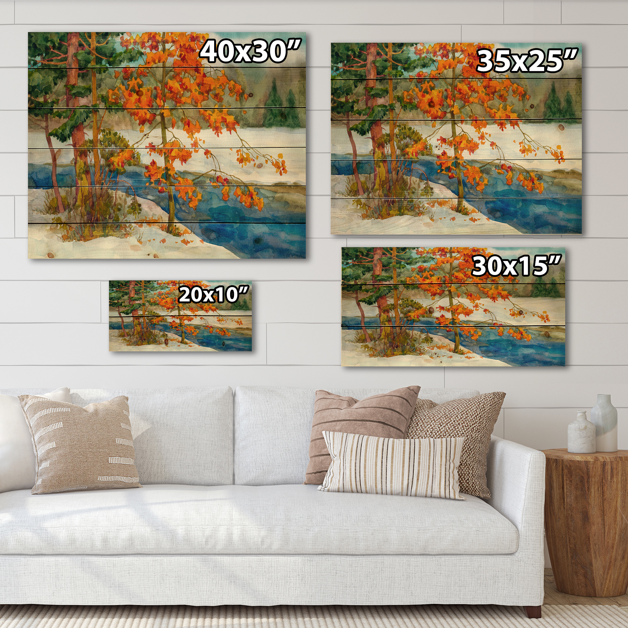 Designart 'Stream Through The Winter Forest I' Lake House Print on Natural Pine Wood