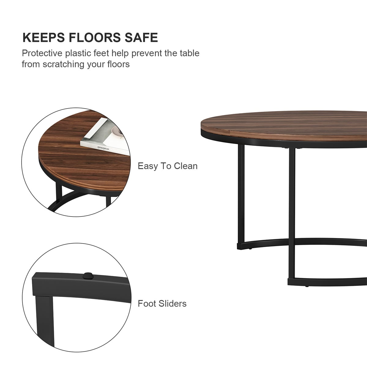 Kepooman 2 Pcs Modern Round Sofa Center Table for Dining Room/Tea, Brown