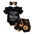 thumbnail image 1 of GRNSHTS Infant Baby Girl Summer Clothes Short Sleeve Ruffled Romper+Sunflower Shorts+Headband Outfits Black 3-6 Months, 1 of 9