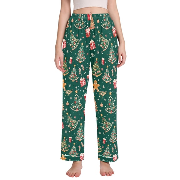 FORMRS Women's Pajama Pants with Pockets Soft Comfy Loungewear Sleep Bottom, Sizes S-2XL, Green Christmas Gingerbread