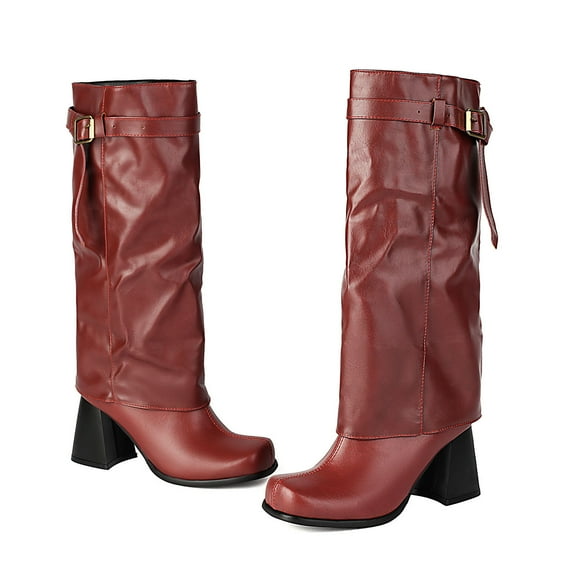 Fold Over Knee High Boots Women Wide Calf Leather Buckle Strap Square Toe Chunky Heel Tall Booties for Fall Winter