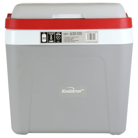 Koolatron Ice Chest Cooler w/ Locking Carry Handle, 25L (26 qt), 32 Can Capacity Portable Picnic Cooler, Gray and Red, Camping, Boating, Travel, Made in North America