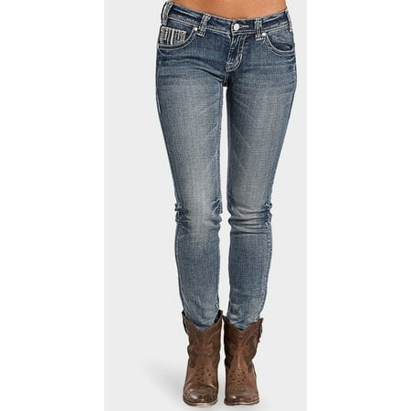 Rock & Roll Cowgirl Juniors Skinny Jean Ivory Leather Accented 30x32 Low (Best Leather Skinny Jeans)