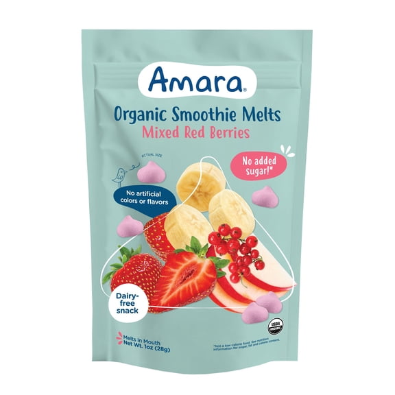 Amara Organic Smoothie Melts, Mixed Red Berries, Baby & Toddler Snacks, No Added Sugar, Baby Food Stage 2, 1 oz Bag