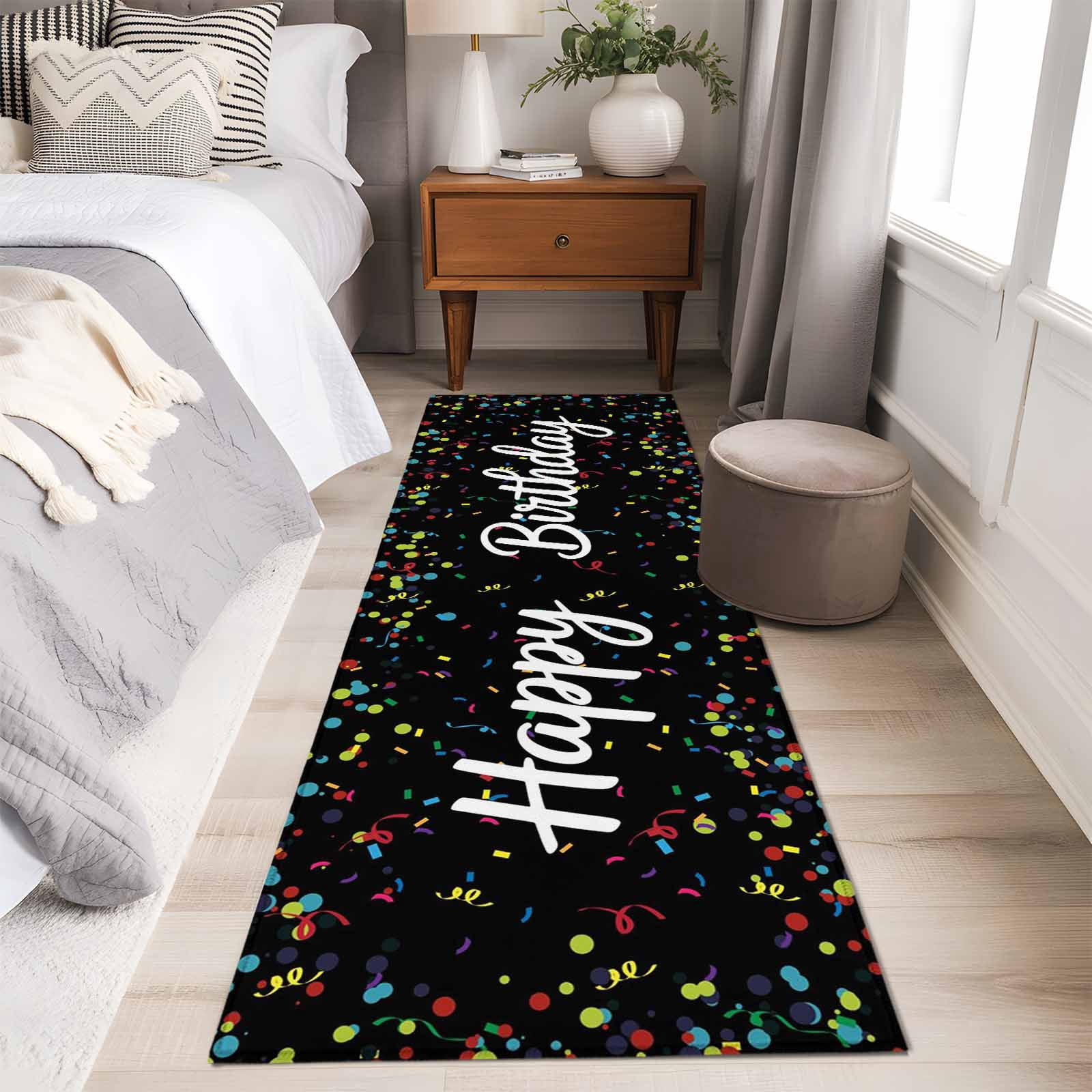 Black Birthday Large Area Rugs for Bedroom Living Room, Soft Non Slip Carpet Bedside Rug, Colorful Confetti Ribbons Polka Dots Classroom Rectangular Floor Cover Kitchen Accent Rug 2'x6' for Office