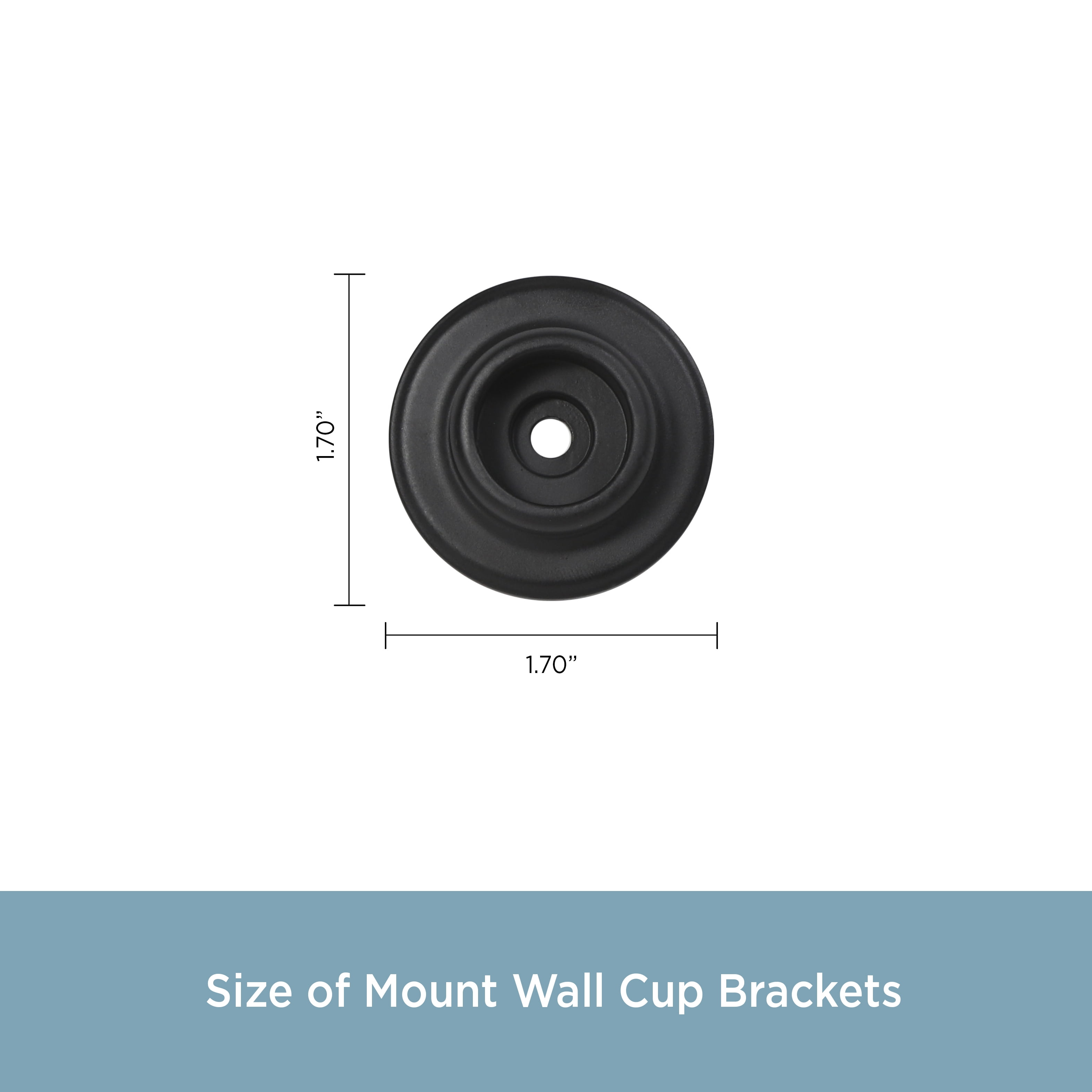 Kenney 5/8-3/4" Diameter Curtain Rod Hardware Mount Wall Cup Brackets, Black, Set of 2