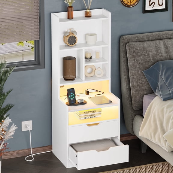 Modern Tall Nightstand with RGB LED Strips & Charging Hub: Bedside Table with Storage Drawers, Bookshelf, Multi-Scene Use for Home, Office, White