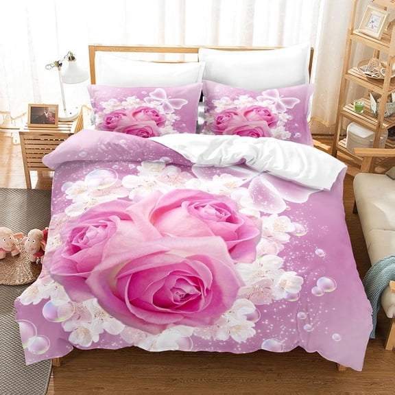 Pink Rose Duvet Cover Set Romantic Themed Valentine's Day Mother's Day Gift Bedding Set King Size Polyester Quilt Cover