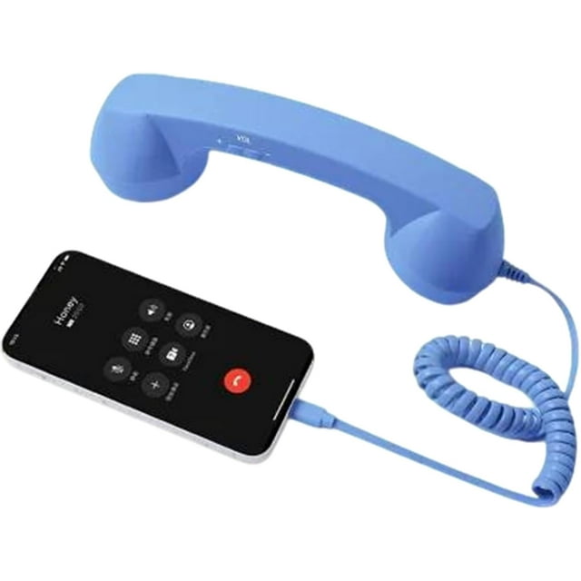 Retro Phone Handset, Type-C Telephone Style Landline Handle Receiver, Vintage Telephone to Landline Adapter, Connect to Cell Phones, with Answer Button, Microphone Speaker (Blue)