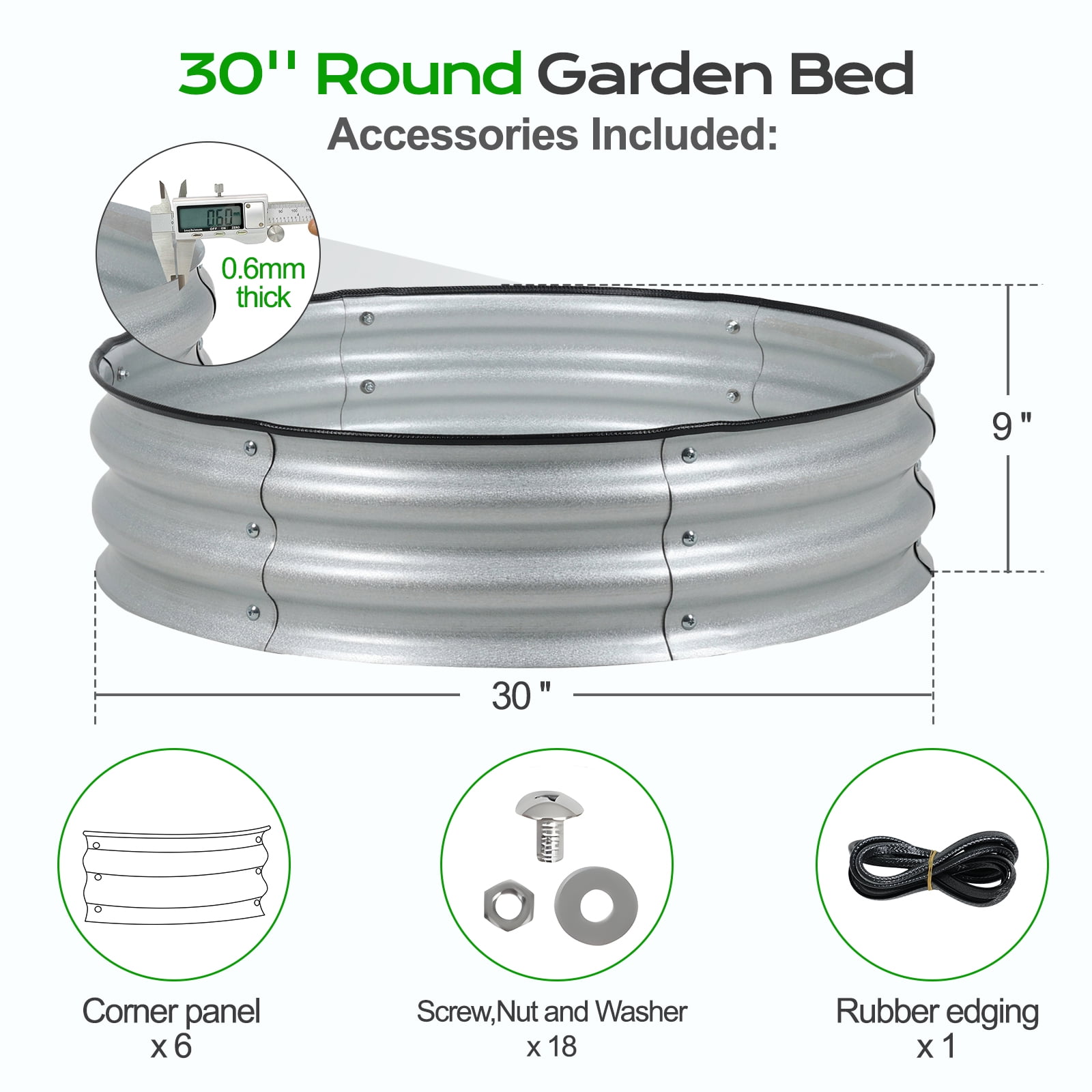 Aoodor 9" Tall 30" Metal Raised Garden Bed Kit, Outdoor Round Planter Box for Vegetables, Flowers, Herbs, Silver