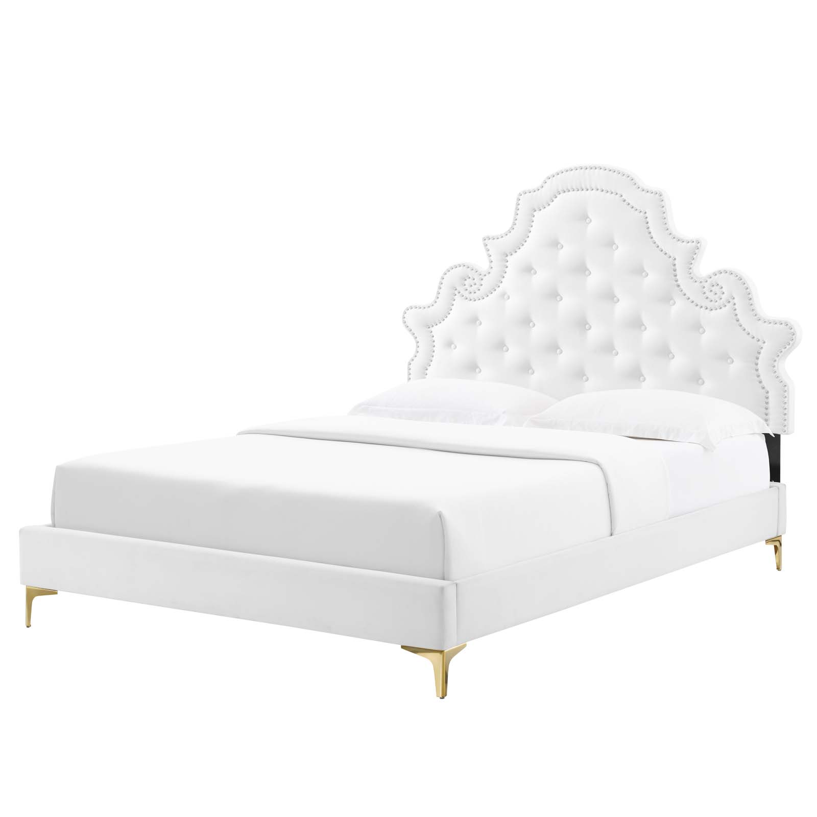Tufted Platform Bed Frame, Queen Size, Velvet, White, Modern