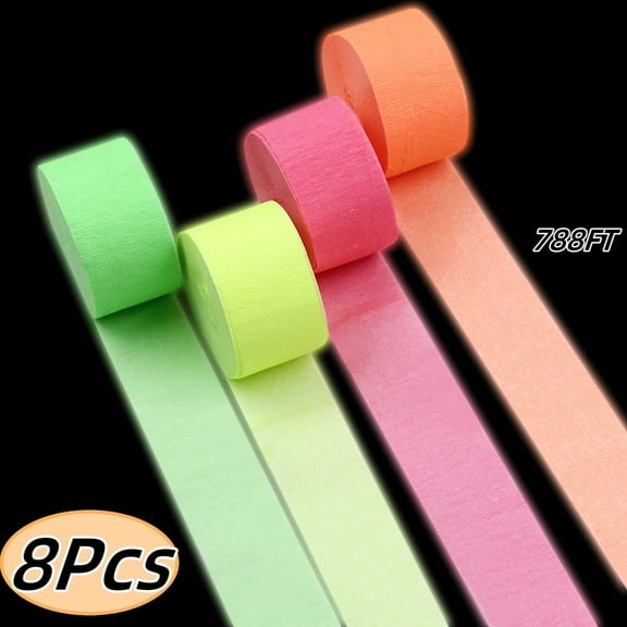 Glow Crepe Paper Streamers,UV Glow Party Neon Streamer Glow Party Supplies for Wedding, Birthday, Neon Party, Fiesta Party 8 Rolls 788FT