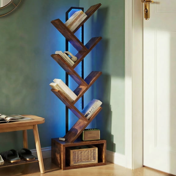 Casacomoda 6-Tier Tree Bookshelf with LED Light, Modern Corner Bookcase Display Shelf for Living Room, Bedroom & Home Office, Vintage