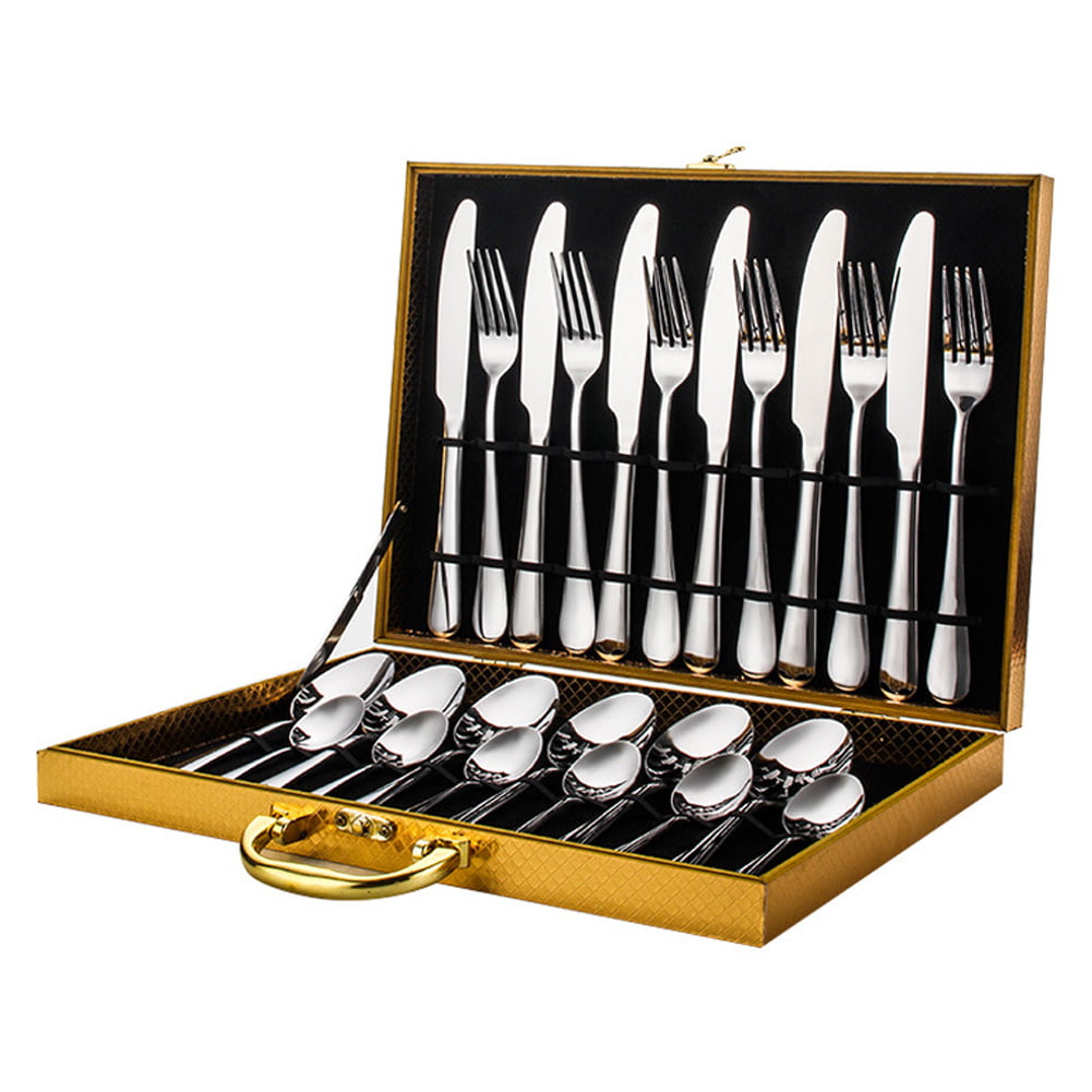 24pcs Stainless Steel Gold Cutlery Set Flatware Modern Dinnerware Silverware 