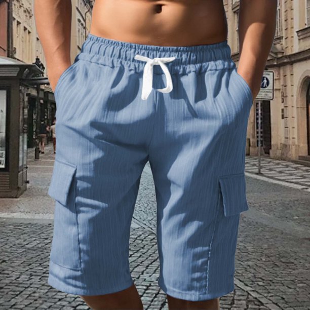 WILLBEST Pantalones Cortos de Lino de Verano para Hombre, con Bolsillos Grandes, para Playa, Deportivos, de Rayas Lisas, Ligeros y Elásticos, para Verano, Holgados y Casuales.