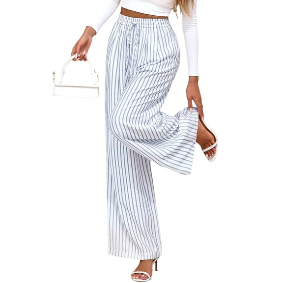 Women'S Pants Elastic Waist Light Weight Palazzo Pants for Women Casual Lounge Wide Leg Pants Woman Blue & White L