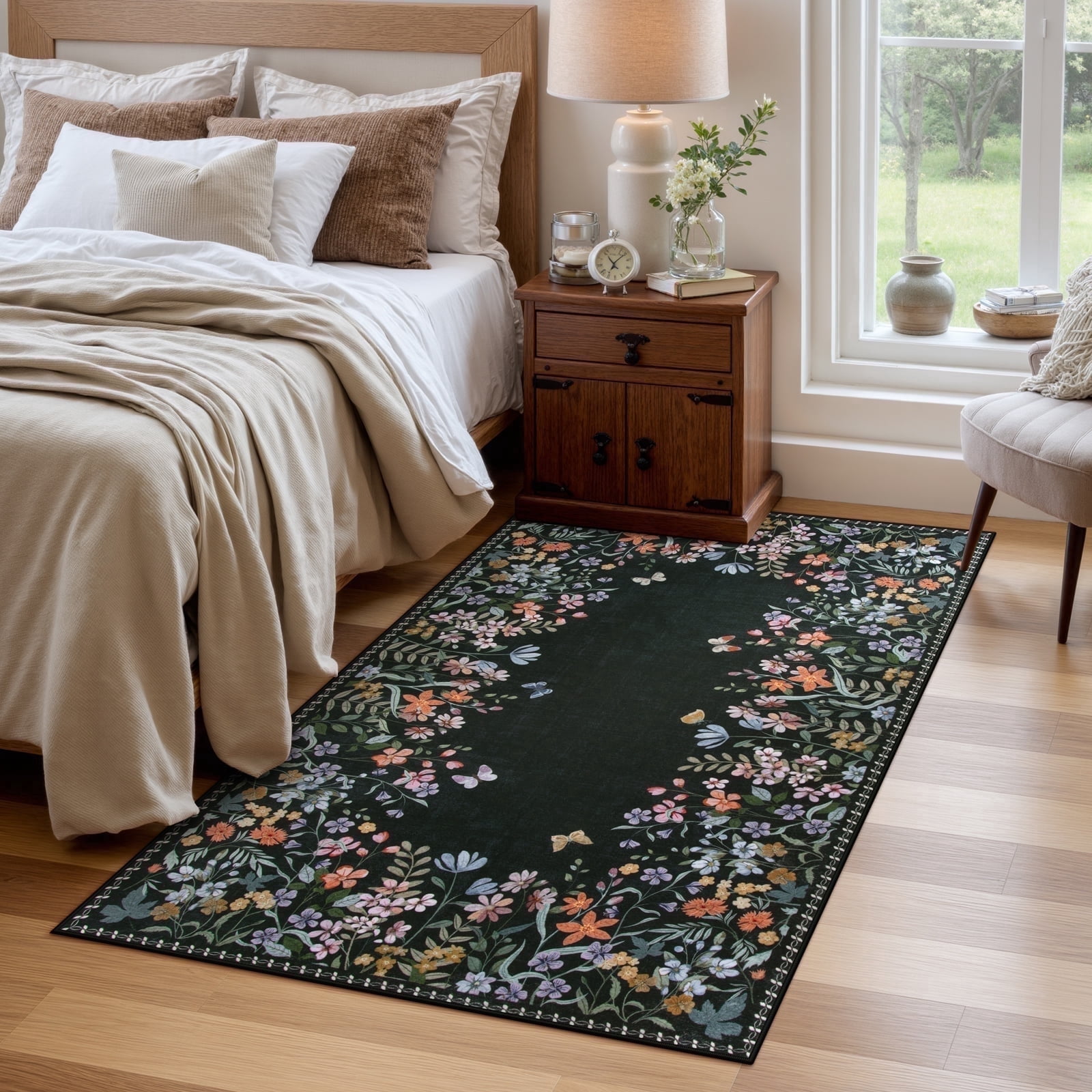 Wonnitar 4'x6' Floral Area Rugs for Living Room, Washable Rugs for Bedroom Stain Resistant Black Vintage Throw Rugs for Dining Home Office Room Sunroom, Soft Non Slip