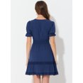 thumbnail image 4 of Mini vestido sólido de manga corta con cuello en V y cintura elástica para mujer Azul Oscuro M, 4 of 5