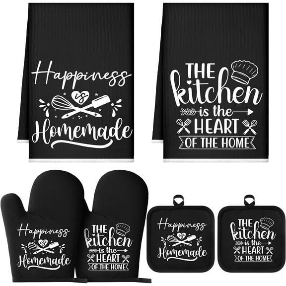 6 Pcs Kitchen Decor Accessories Set Farmhouse Towels Pot Holders Oven Mitts Set 2 Dish Towels 2 Potholders 2 Cooking Mittens Oven Glove for Christmas Baking Cooking Supply(Black,Kitchen)