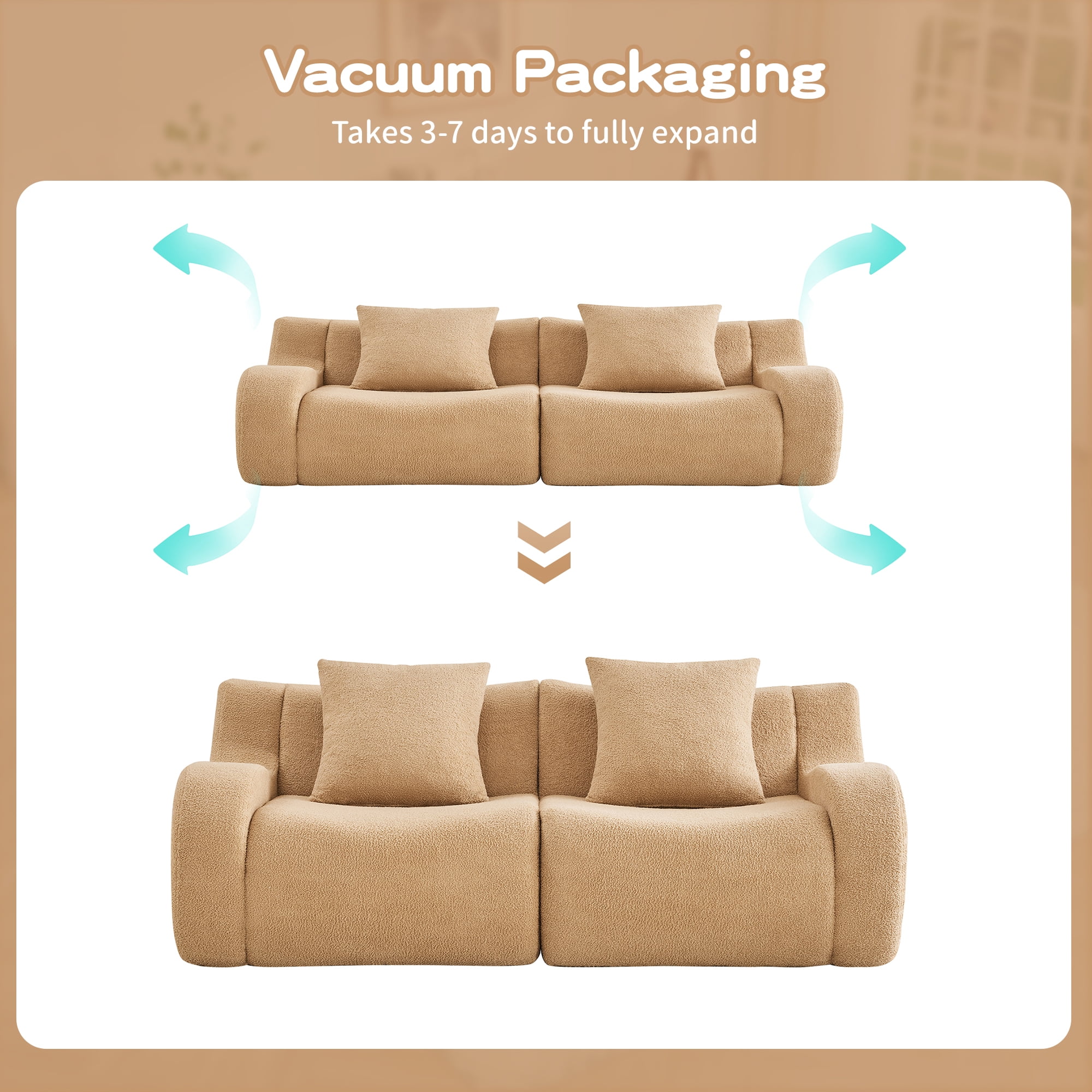 Leumius 82.7" Boneless Sofa,Cloud Modular Sectional Sofa with Deep Seat,Comfy Fluffy Teddy Fabric Couch for Living Room,Apartment, Bedroom,No Assembly Required,Camel