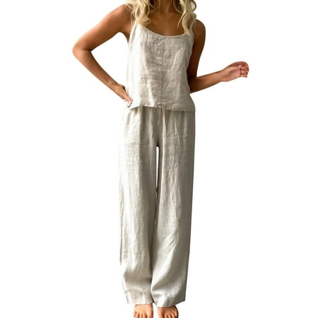 

Booker Women S Summer Solid Color Thin Pajamas Sleeveless Suspenders Trousers Set Loose Fashion Cotton And Linen Home Clothes Women