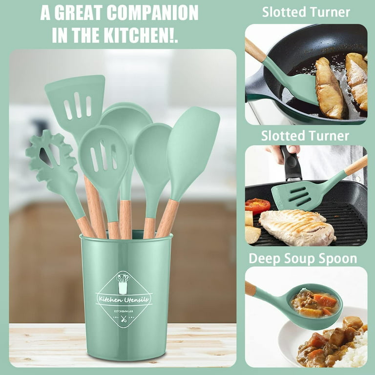 12 Pcs Silicone Cooking Utensils Kitchen Utensil Set - 446°F Heat Resistant,Turner Tongs, Spatula, Spoon, Brush, Whisk, Wooden Handle Grey Kitchen