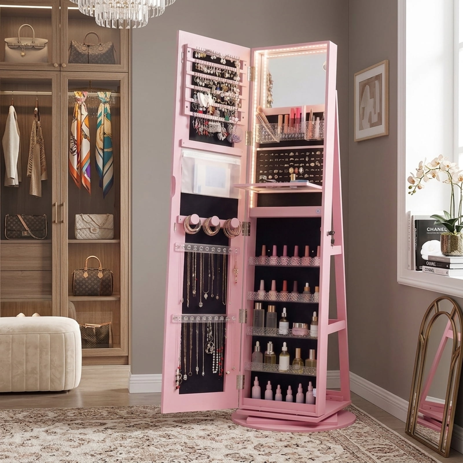 Furnibear Standing Jewelry Cabinet with Adjustable LED Lights for Bedroom Dressing Room Jewelry Necklace Rings Storage Mirror, Pink