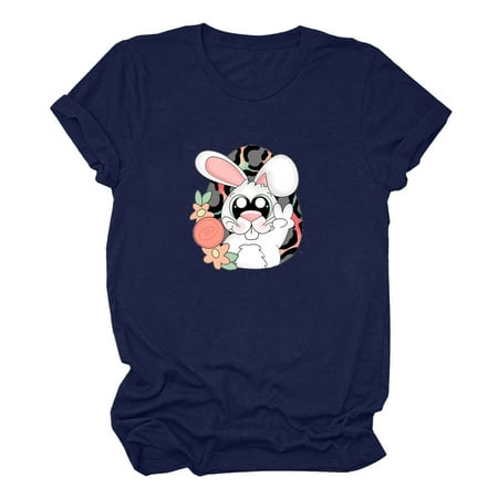 Zodggu Clearance Fashion Ladies Blouse Tops Cute Bunny Print Short Sleeve Easter Day Funny Graphic Summer Trendy Girls Tunic T Shirts for Women Crew Neck Female Leisure Blue 10