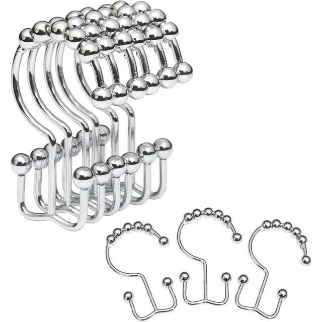 Shower Curtain Rings, OEH Shower Curtain Hooks, Rust-Resistant Metal Shower Hooks for Curtain, Double Glide Shower Curtain Hooks for Bathroom Shower Curtain & Shower Liner, Set of 12, Chrome
