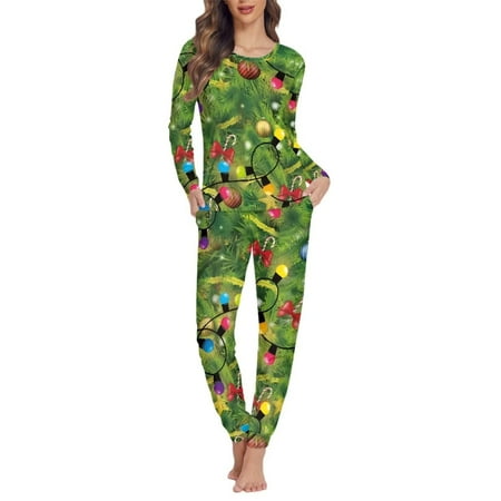 

Pzuqiu Cozy Pajamas for Women Two Pieces Warm PJ Pants with Big Pockets Christmas Leaves Lights Graphic Size XL Soft Long Sleeve Sleepwear Merry Xmas Holiday Outfits Clothing