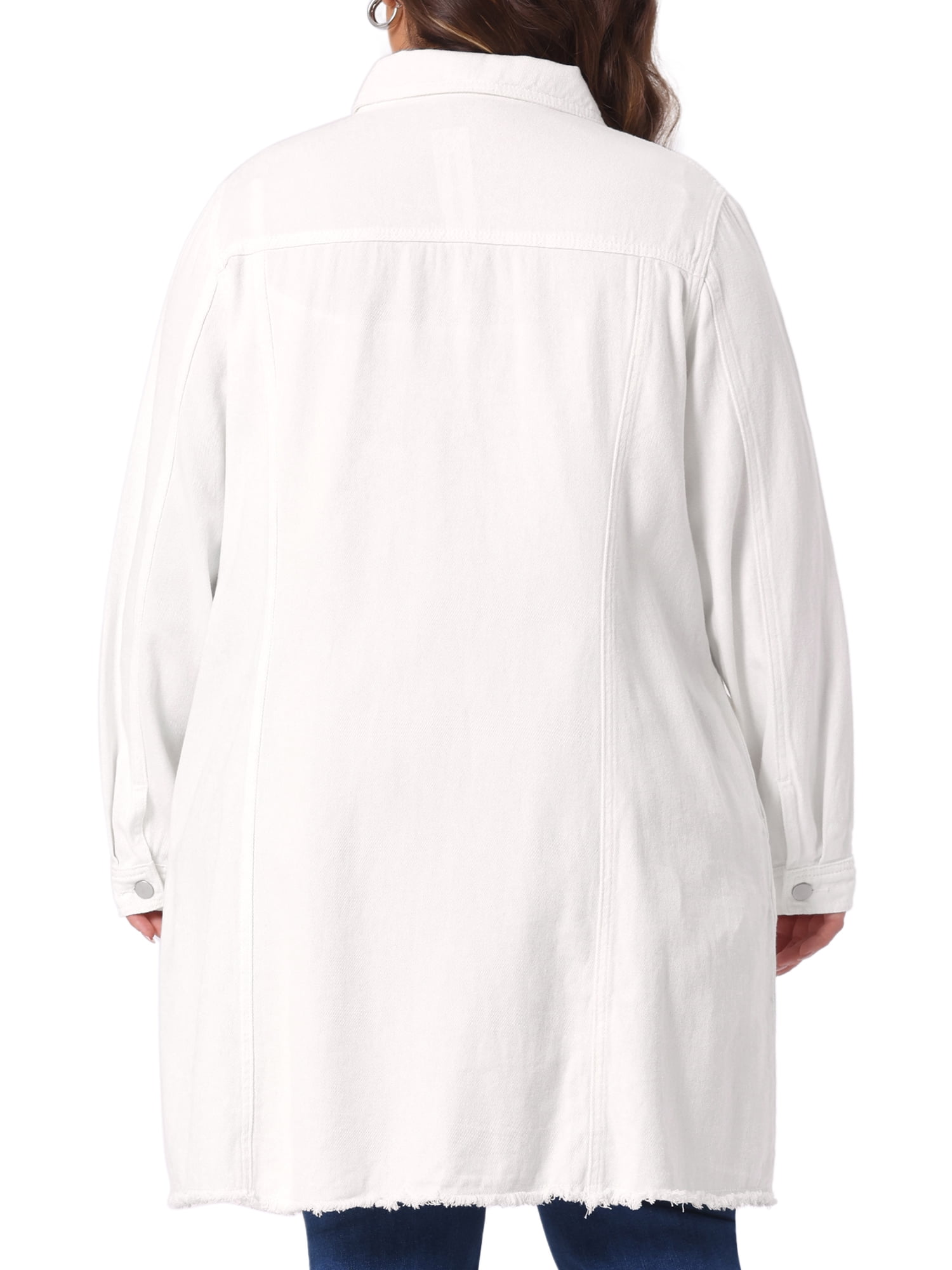DARING DIVA Women's Plus Size Long Distressed Button Up Denim Jacket 3X White