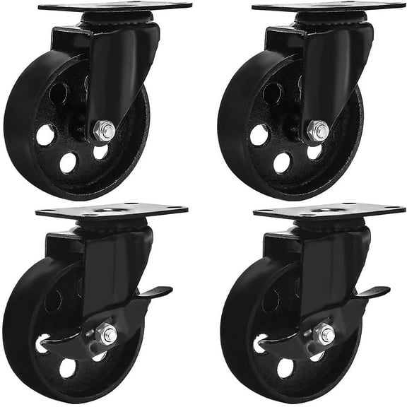4 All Black Metal Swivel Plate Caster Wheels w/Brake Lock Heavy Duty High-gauge Steel (4" Combo)