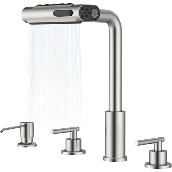 Waterfall 4 Hole Kitchen Faucet with Sprayer, 5 Modes Multifunctional Kitchen Sink Faucet with Soap Dispenser, Modern Brushed Nickel Two Handle Kitchen Faucet, Pull Down Kitchen Sink Faucets