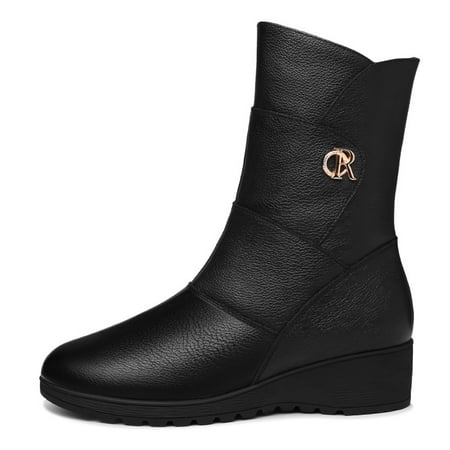 

Women‘s Black Mid Calf Boots Round Toe Wedge Heeled Side Zipper Fashion Boots Women‘s Footwear