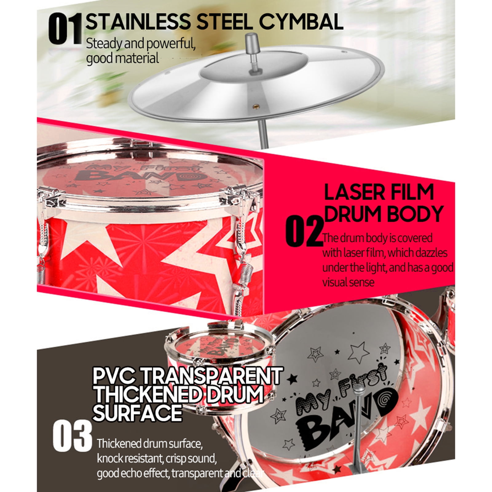Drum Kit Kids Drum Set 6 Piece Jazz Drum Kit with Cymbal Pedal Drumsticks Folding Step Stool Percussion Musical Instrument for Children Beginners Plastic Metal