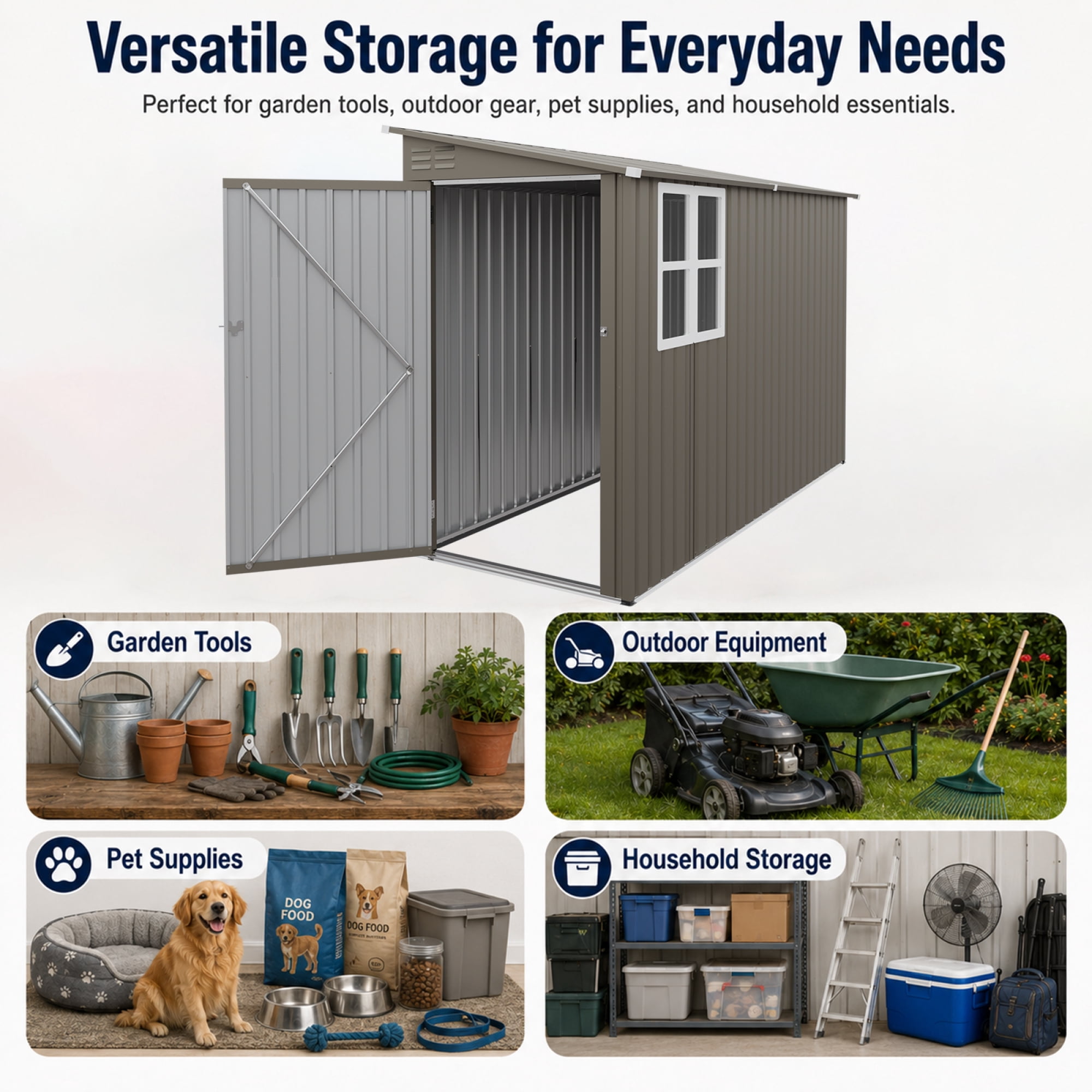 Leumius 4x9FT Olive Grey Outdoor Metal Storage Shed, Galvanized Thick Frame Color Steel Tool House with Light-transmitting Window for Backyard, Patio, Lawn