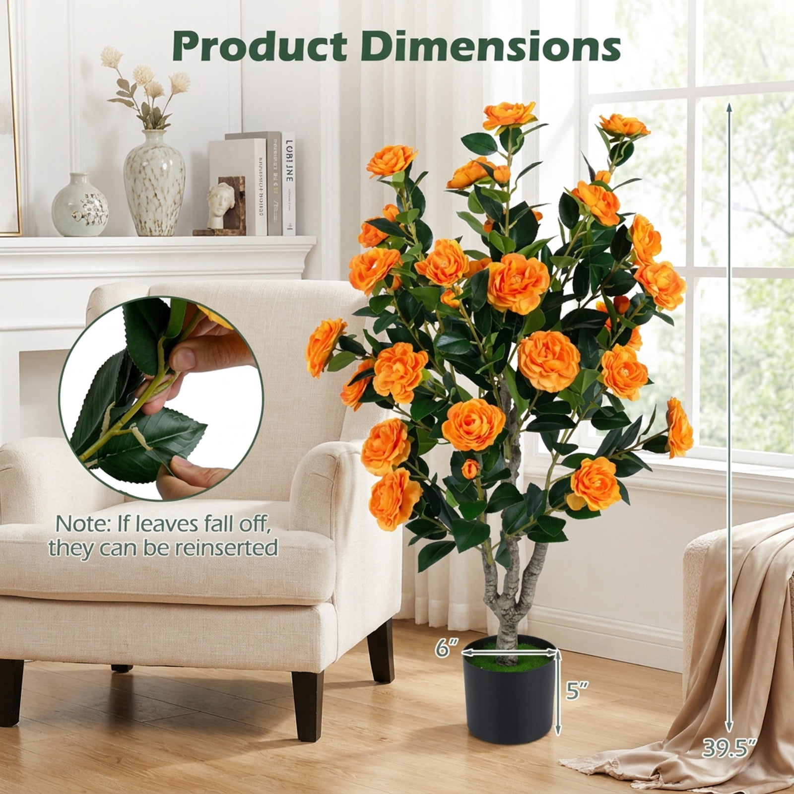 Vebreda Artificial Plant Decor, 39.5" Artificial Camellia Tree with Orange Blossoms in Cement Pot for Home Decoration, Selected Materials