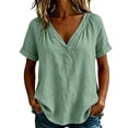 thumbnail image 2 of IUYRTFE Women's V-Neck Short Sleeve Cotton Linen Blouse Relaxed Fit Casual Summer Top with Button Detail, 2 of 8