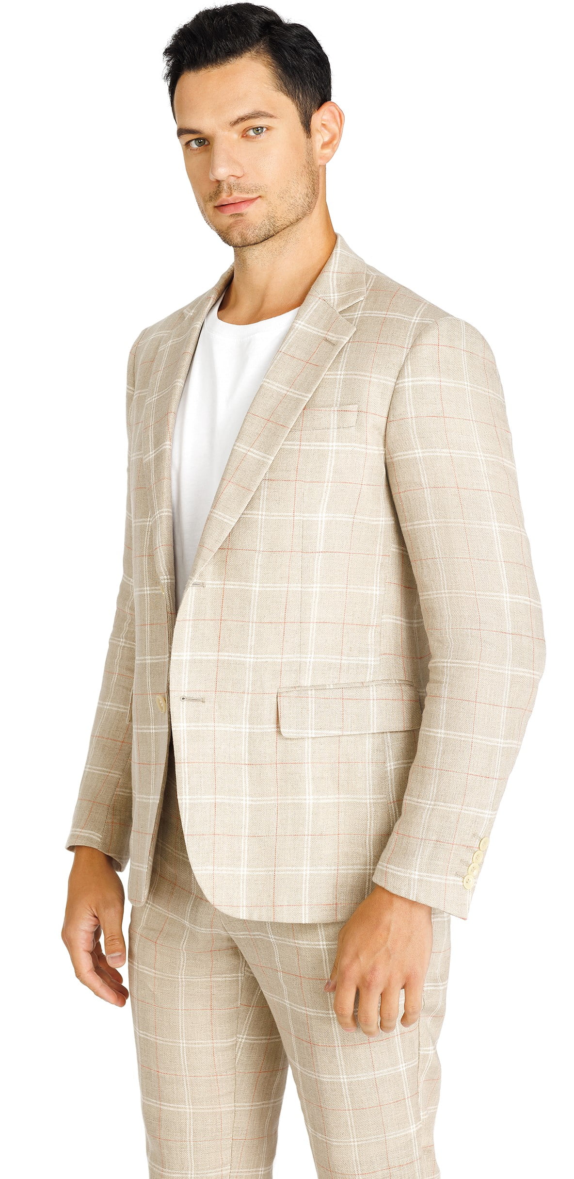 1PA1 Men's 2 Piece 100 Linen Plaid Suit Jacket & Pant Set Business