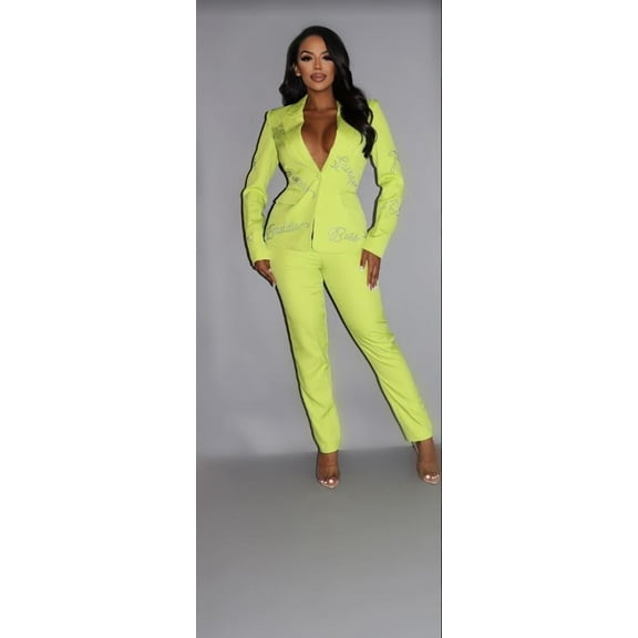 2 Piece Powersuit Blazer & Pants Set With Rhinestone Letterings On Blazer Yellow M