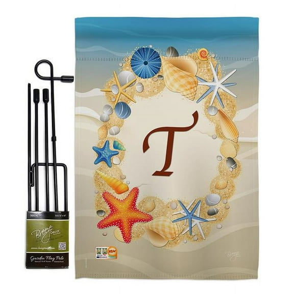 Breeze Decor BD-BN-GS-130176-IP-BO-D-US14-BD 13 x 18.5 in. Summer T Initial Coastal Beach Impressions Decorative Vertical Double Sided Garden Flag Set with Banner Pole