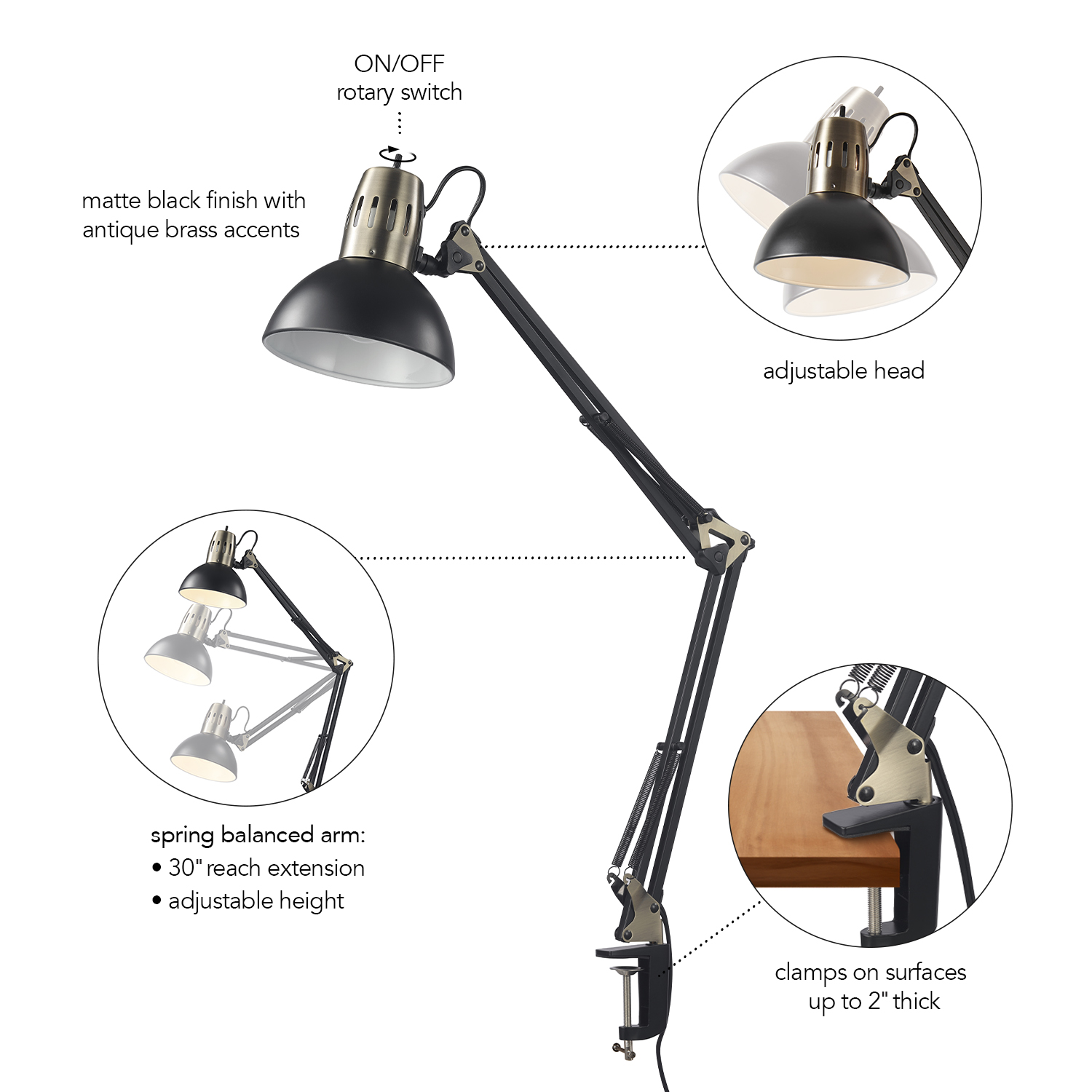 32" Matte Black Multi-Joint Desk Lamp with Metal Clamp Base and Antique Brass Accents