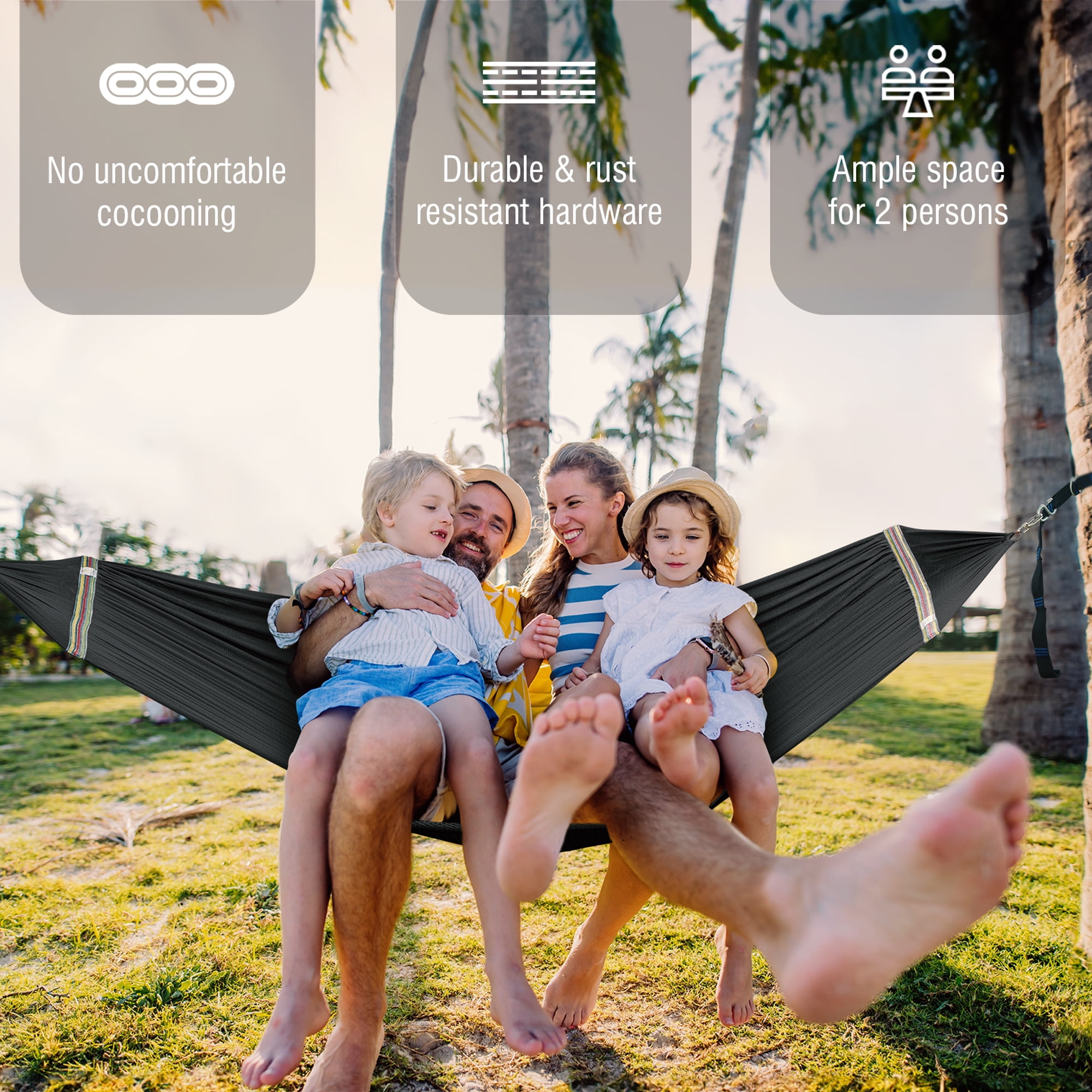 Tranquillo Double Hammock 2 Persons Polyester Hammock 550lbs with Hammock Tree Straps, Black