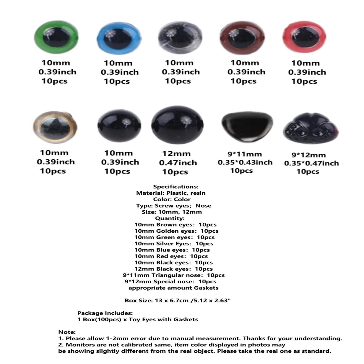 GEIWOGUO 100pcs 10/12mm Color Plastic Crafts Safety Eyes Nose for Teddy Bear Soft Toy Animal Doll Amigurumi DIY Accessories